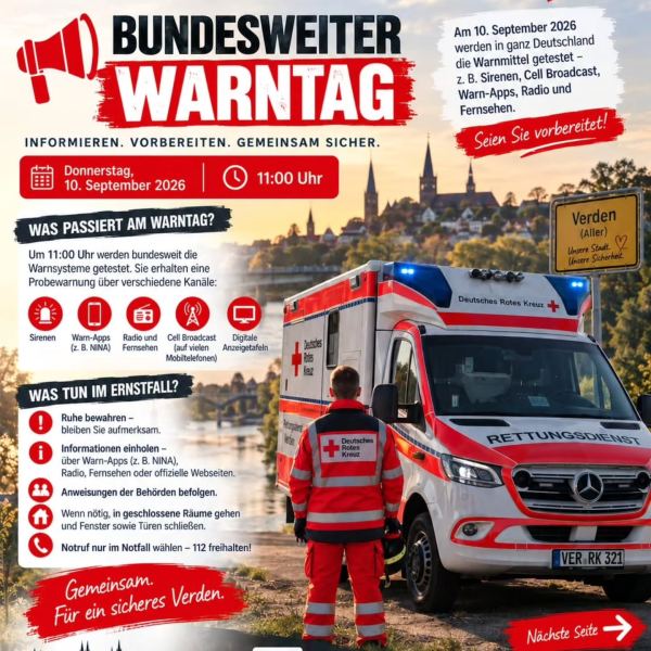 Am Donnerstag, den 10.09.2026 ist bundesweiter Warntag. Um 11 Uhr wird der Probealarm per Cellbroadcast, Sirene, Warnapps (NINA, BIWAPP, o. 
